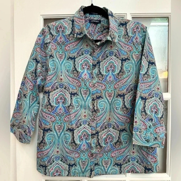 Lands’ End Teal Paisley Cotton No Iron Supima Button Down Blouse Size 12 Large L - Picture 1 of 12